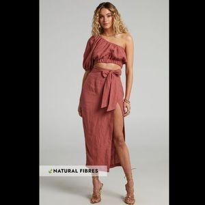 Amalie Cleide Linen One Shoulder Crop Top Midi Skirt Two Piece Set Dusty Clay